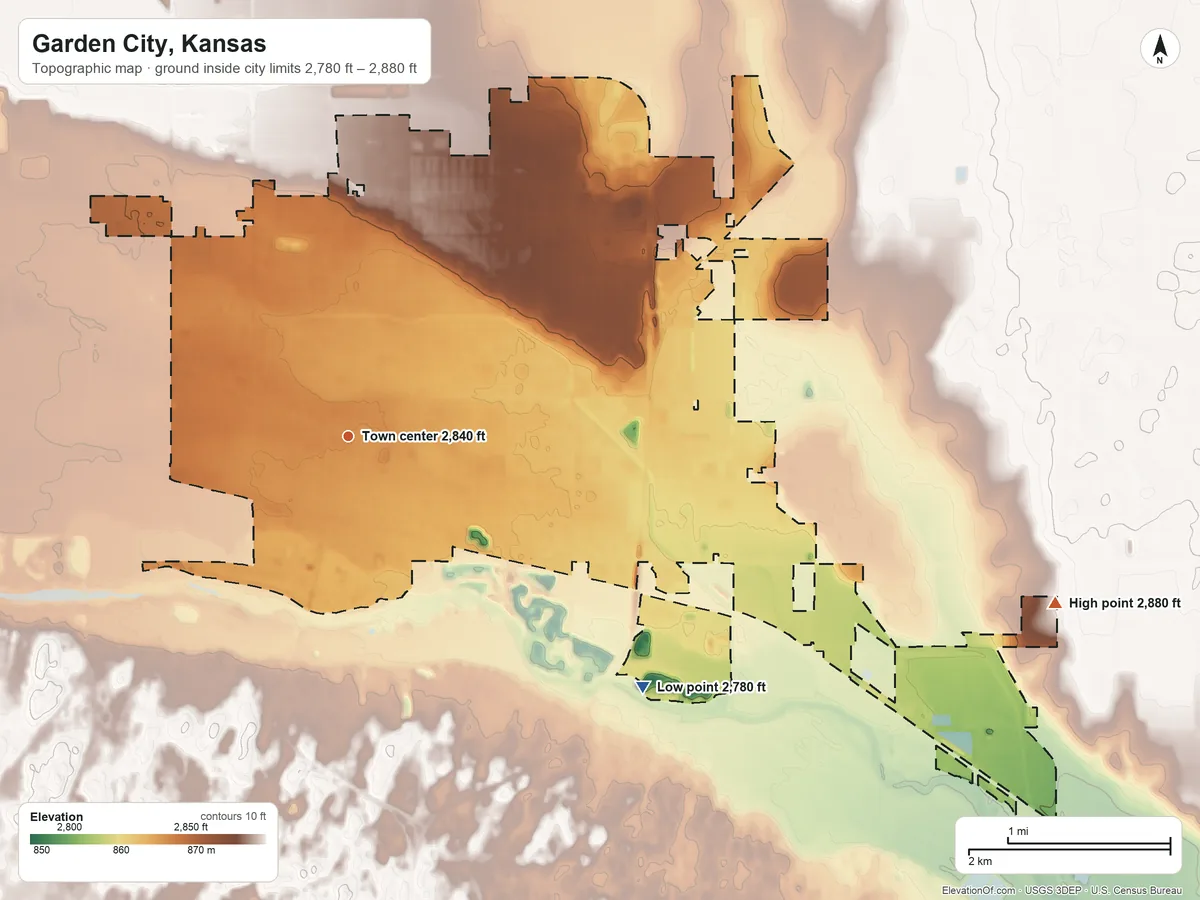 Topographic elevation map of Garden City, Kansas, shaded from 2,780 ft on the southeast side to 2,880 ft on the east side