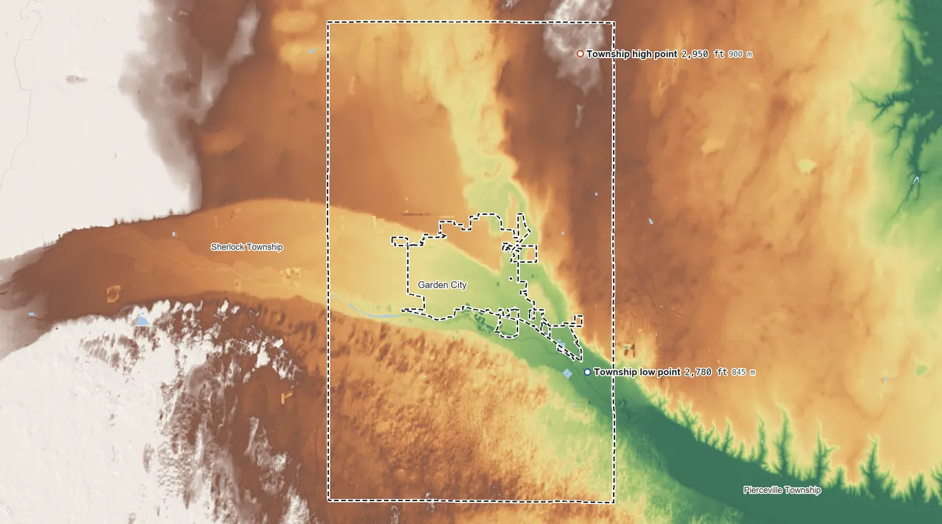Topographic elevation map of Garden City Township, Kansas, shaded from 2,780 ft on the southeast side to 2,950 ft on the north side