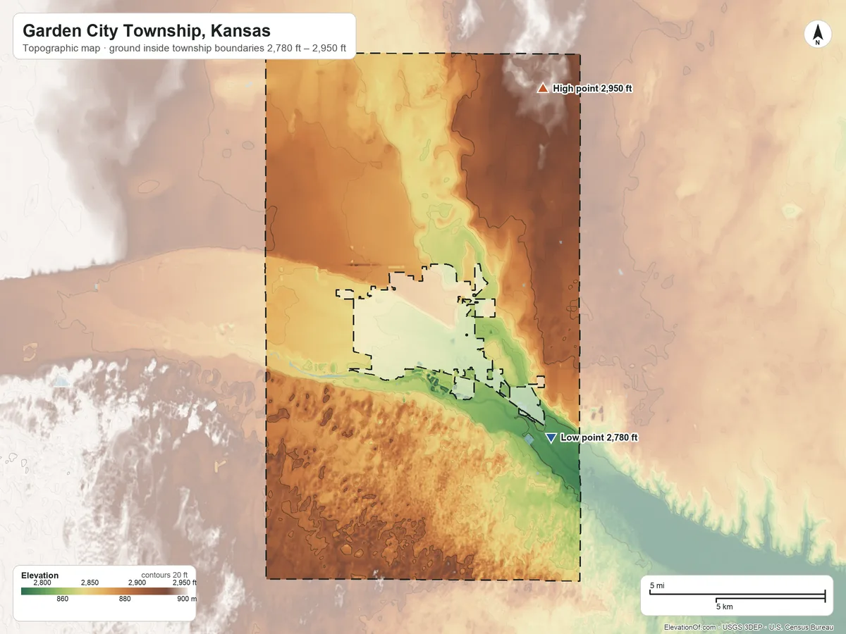 Topographic elevation map of Garden City Township, Kansas, shaded from 2,780 ft on the southeast side to 2,950 ft on the north side