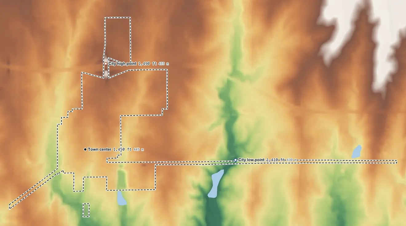 Topographic elevation map of Garden Plain, Kansas, shaded from 1,410 ft on the east side to 1,490 ft on the north side