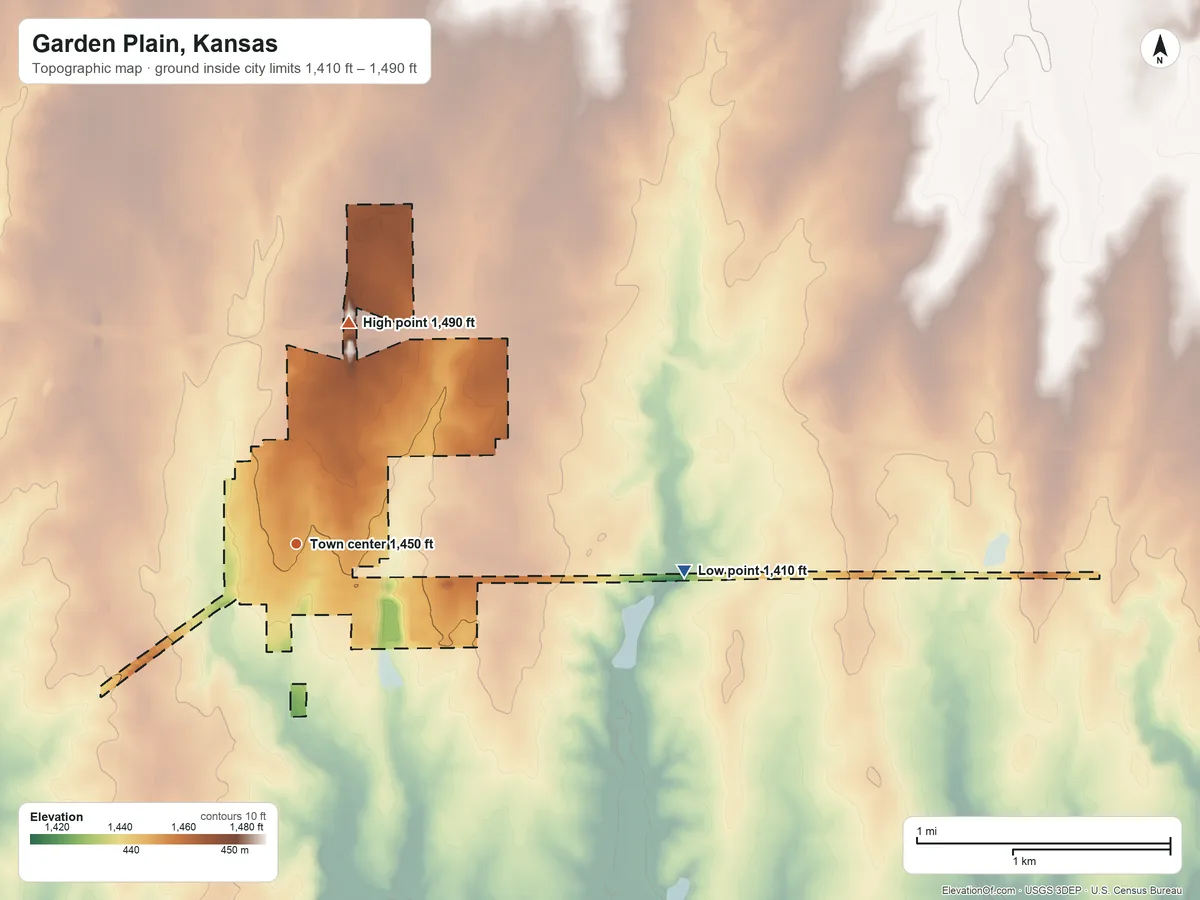 Topographic elevation map of Garden Plain, Kansas, shaded from 1,410 ft on the east side to 1,490 ft on the north side