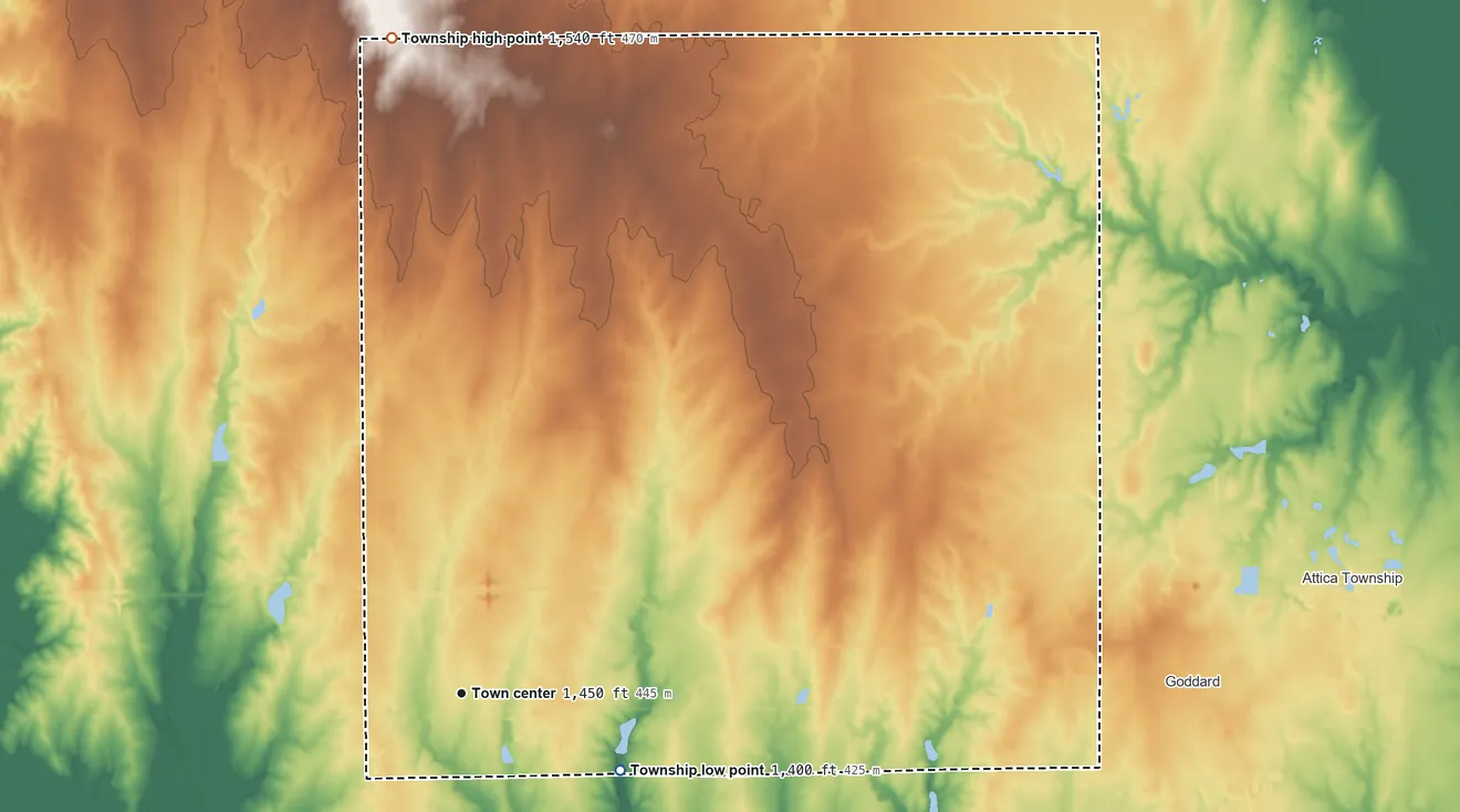 Topographic elevation map of Garden Plain Township, Kansas, shaded from 1,400 ft on the southeast side to 1,540 ft on the north side