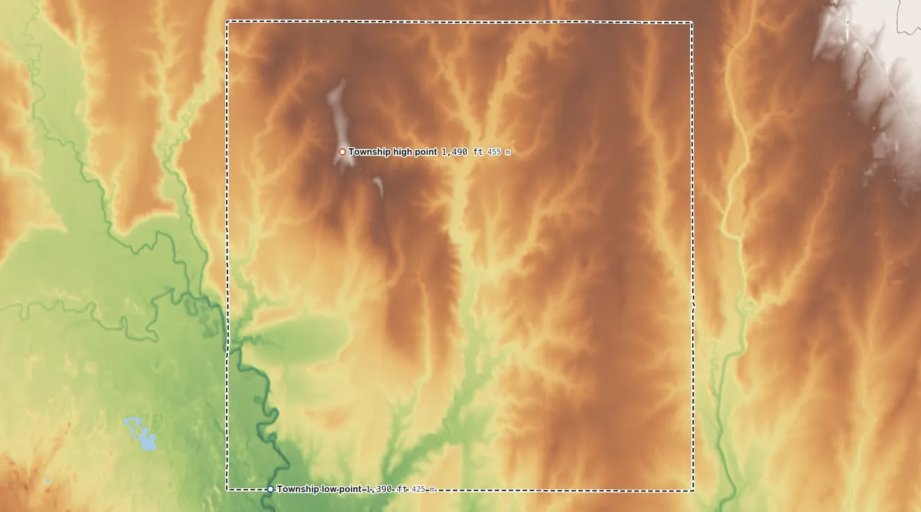 Topographic elevation map of Garden Township, Harvey County, Kansas, shaded from 1,390 ft on the southwest side to 1,490 ft on the northwest side