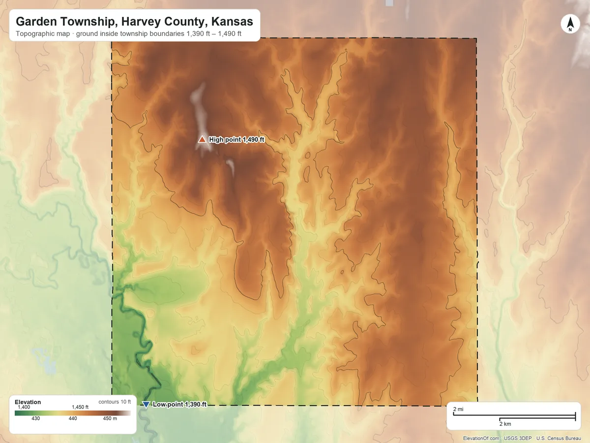 Topographic elevation map of Garden Township, Harvey County, Kansas, shaded from 1,390 ft on the southwest side to 1,490 ft on the northwest side