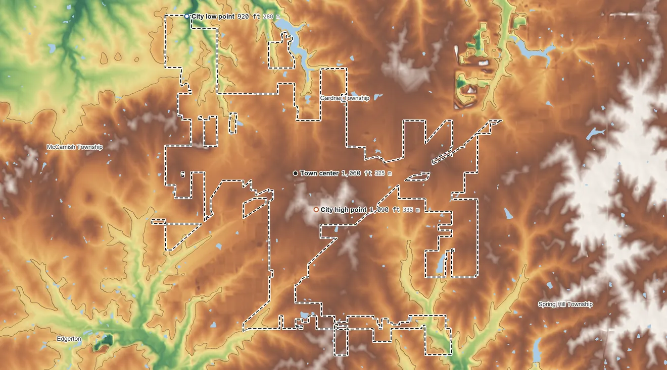 Topographic elevation map of Gardner, Kansas, shaded from 920 ft on the northwest side to 1,090 ft near the middle