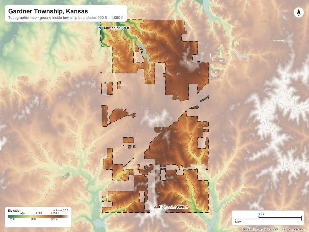 Topographic elevation map of Gardner Township, Kansas, shaded from 900 ft on the northwest side to 1,090 ft on the south side