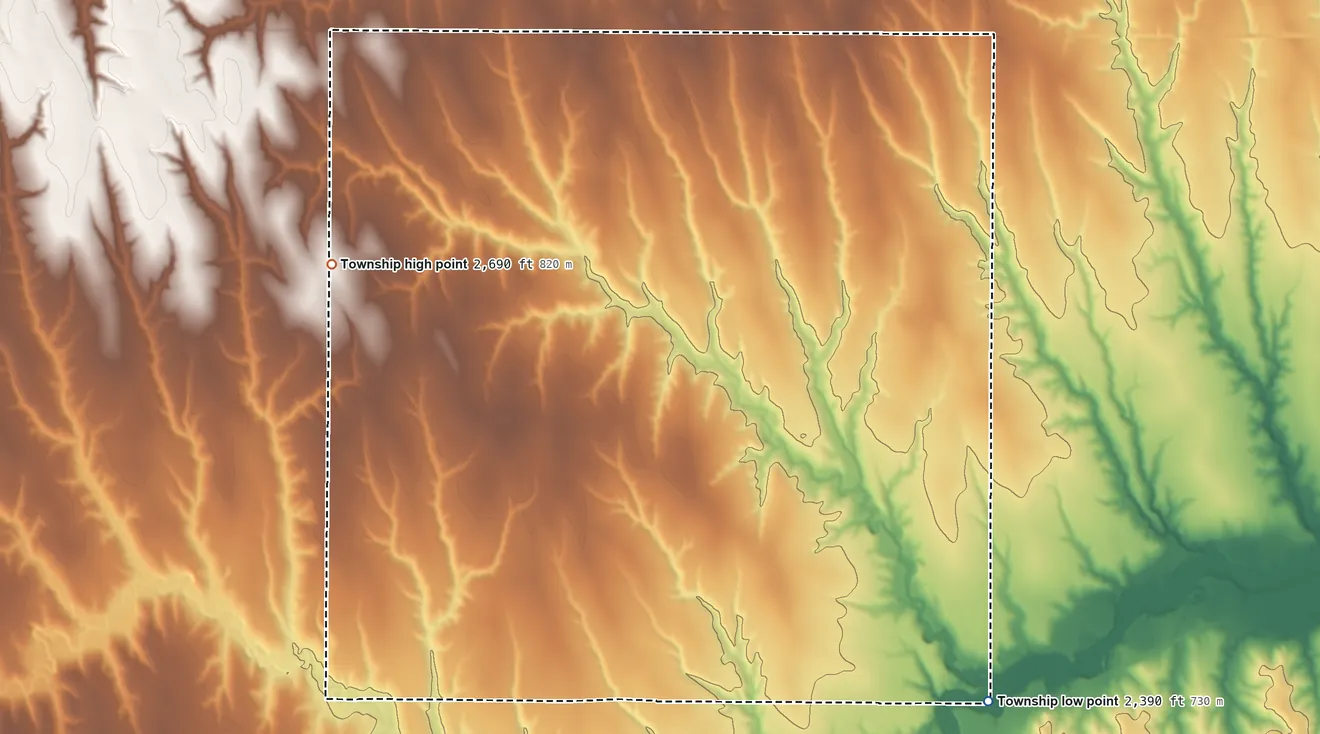 Topographic elevation map of Garfield Township, Decatur County, Kansas, shaded from 2,390 ft on the southeast side to 2,690 ft on the west side