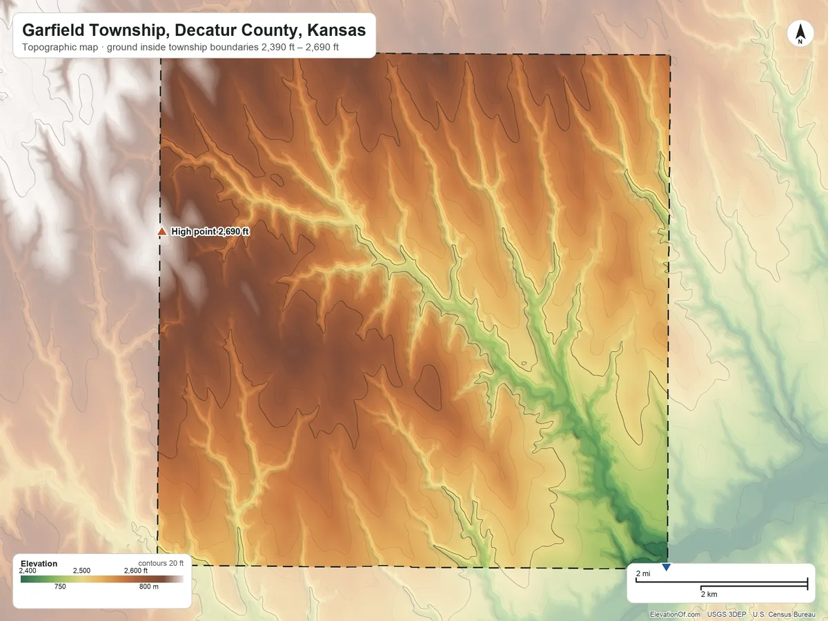 Topographic elevation map of Garfield Township, Decatur County, Kansas, shaded from 2,390 ft on the southeast side to 2,690 ft on the west side