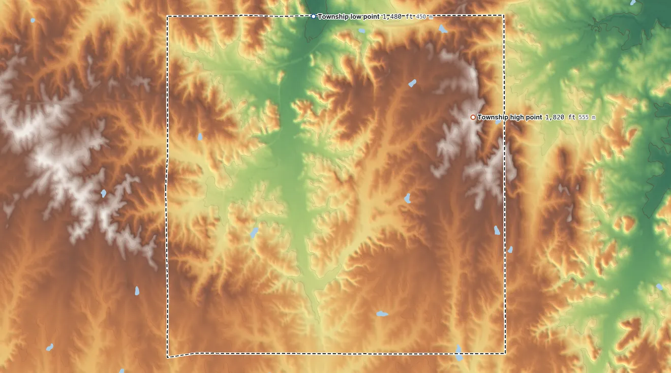 Topographic elevation map of Garfield Township, Ellsworth County, Kansas, shaded from 1,480 ft on the north side to 1,820 ft on the east side
