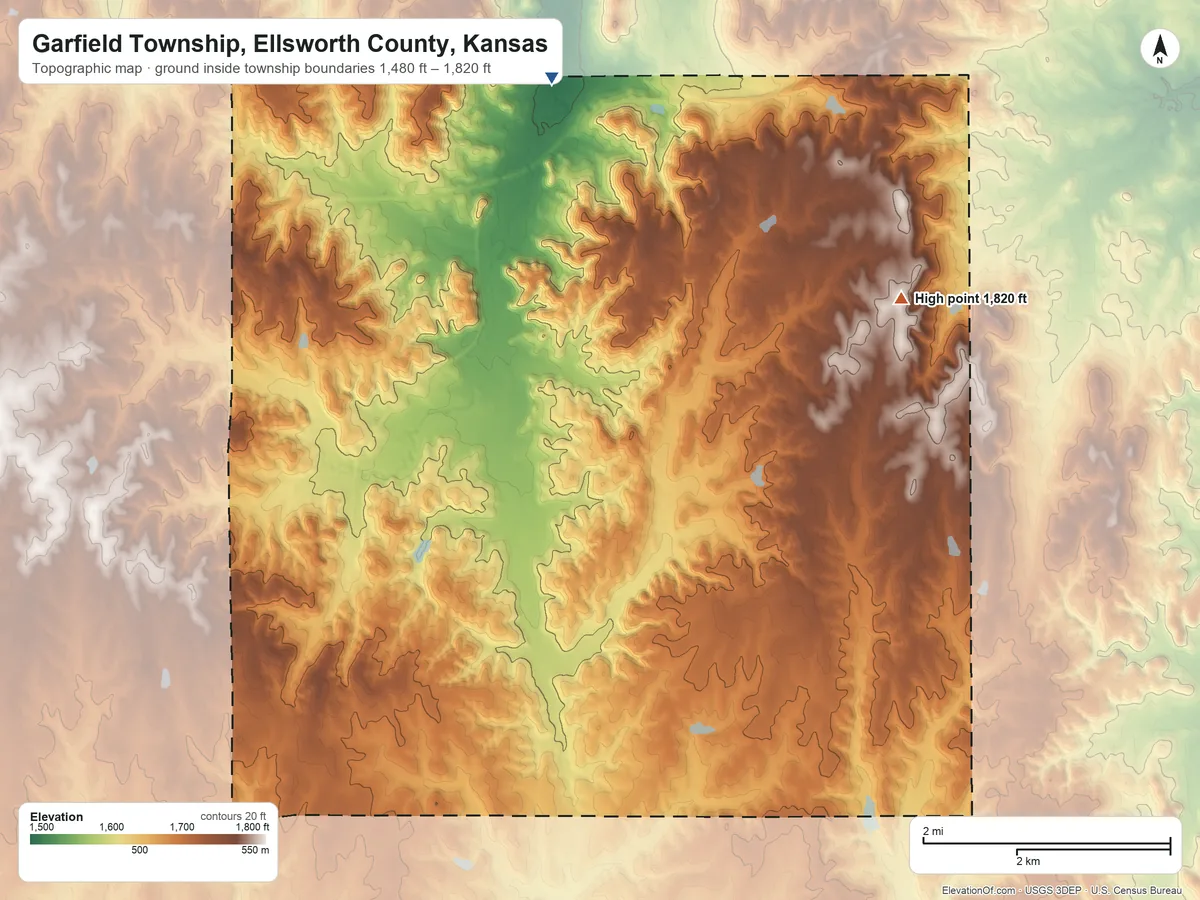 Topographic elevation map of Garfield Township, Ellsworth County, Kansas, shaded from 1,480 ft on the north side to 1,820 ft on the east side
