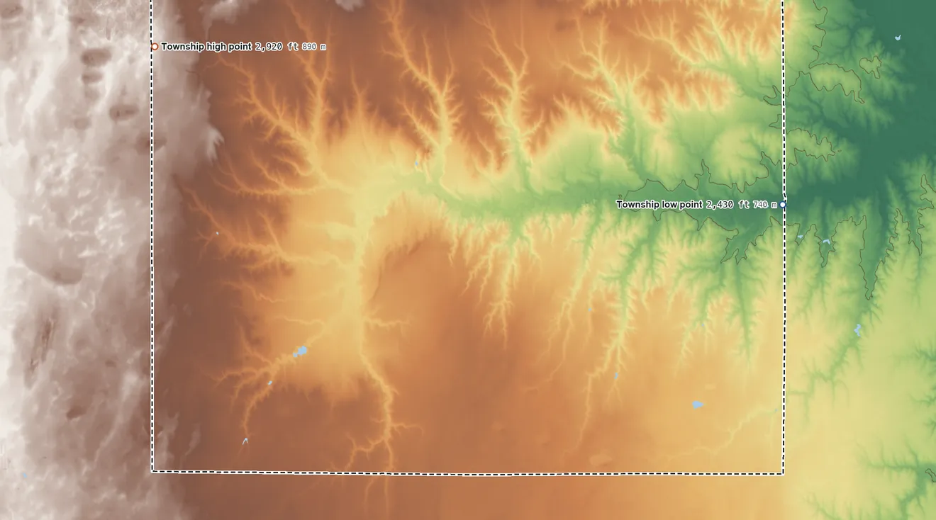 Topographic elevation map of Garfield Township, Finney County, Kansas, shaded from 2,430 ft on the east side to 2,920 ft on the northwest side