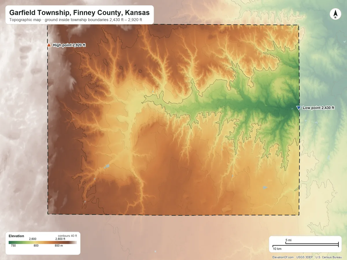 Topographic elevation map of Garfield Township, Finney County, Kansas, shaded from 2,430 ft on the east side to 2,920 ft on the northwest side