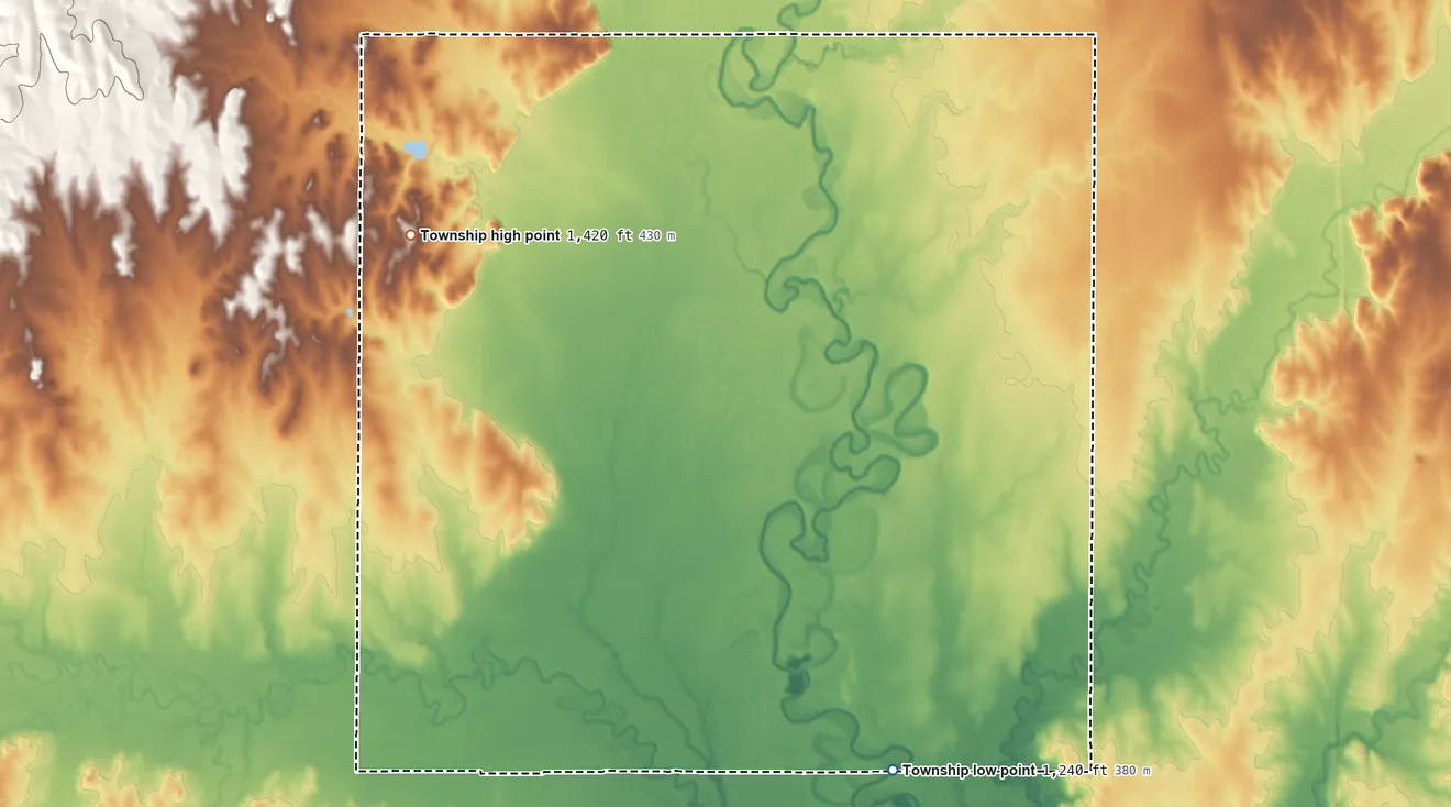 Topographic elevation map of Garfield Township, Ottawa County, Kansas, shaded from 1,240 ft on the south side to 1,420 ft on the northwest side