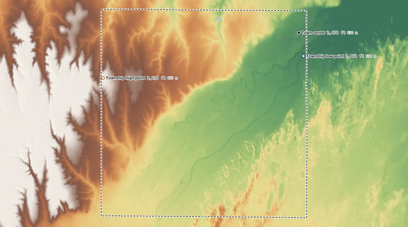 Topographic elevation map of Garfield Township, Pawnee County, Kansas, shaded from 2,060 ft near the middle to 2,210 ft on the west side