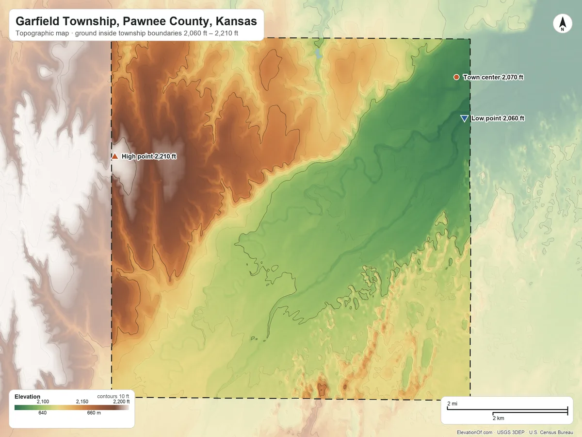 Topographic elevation map of Garfield Township, Pawnee County, Kansas, shaded from 2,060 ft near the middle to 2,210 ft on the west side