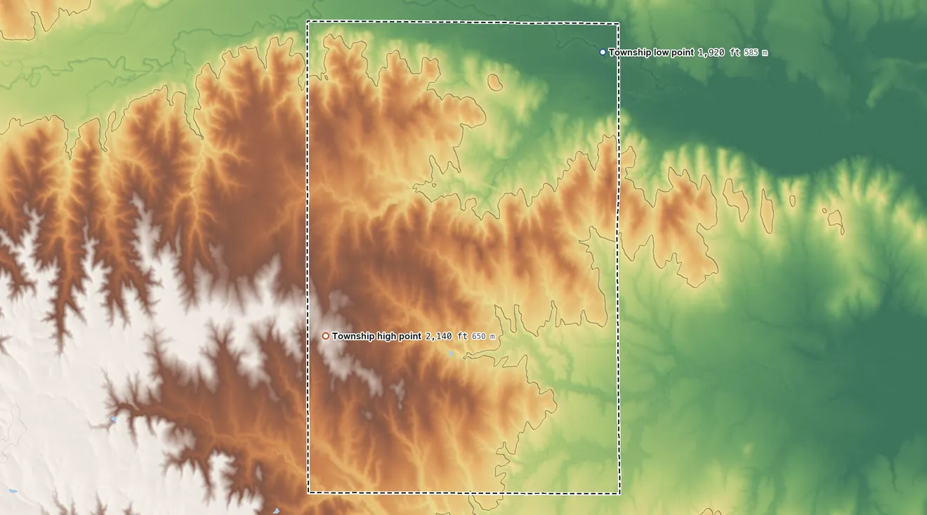 Topographic elevation map of Garfield Township, Rush County, Kansas, shaded from 1,920 ft on the northeast side to 2,140 ft on the southwest side