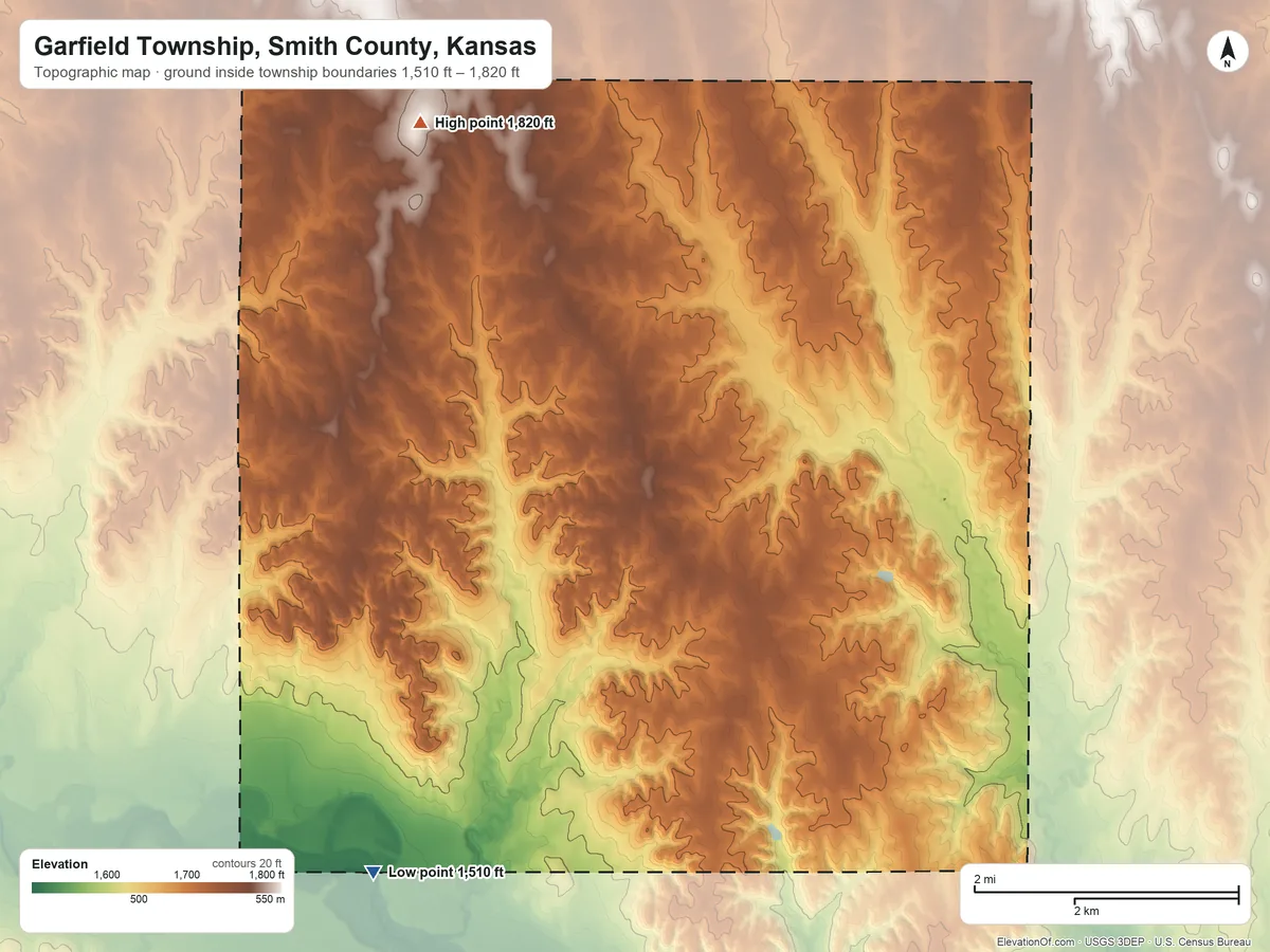Topographic elevation map of Garfield Township, Smith County, Kansas, shaded from 1,510 ft on the southwest side to 1,820 ft on the northwest side