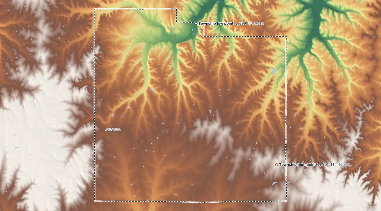 Topographic elevation map of Garfield Township, Kansas, shaded from 1,200 ft on the northeast side to 1,510 ft on the east side
