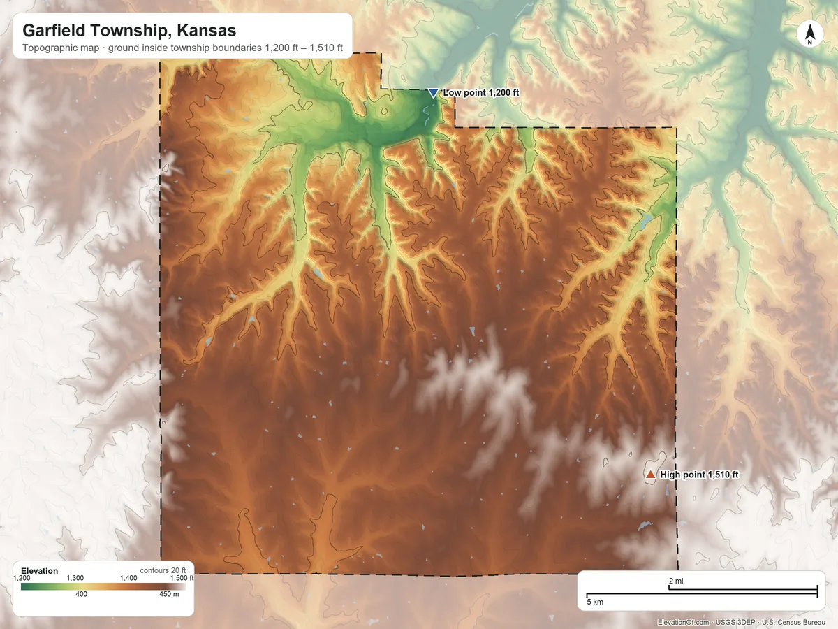 Topographic elevation map of Garfield Township, Kansas, shaded from 1,200 ft on the northeast side to 1,510 ft on the east side