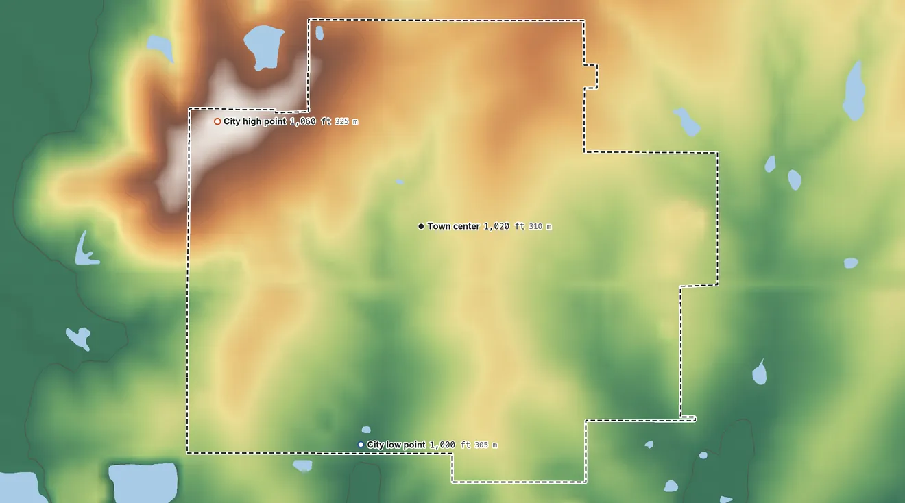 Topographic elevation map of Gas, Kansas, shaded from 1,000 ft on the south side to 1,060 ft on the northwest side