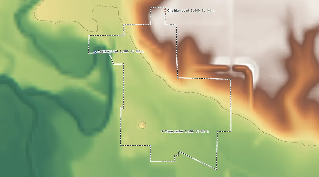Topographic elevation map of Gaylord, Kansas, shaded from 1,580 ft on the northwest side to 1,640 ft on the north side