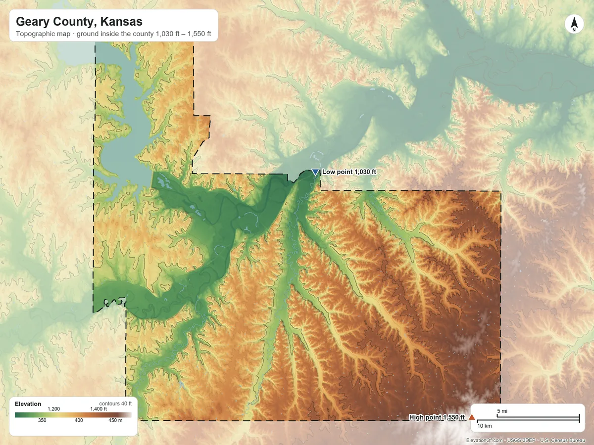 Topographic elevation map of Geary County, Kansas, shaded from 1,030 ft near the middle to 1,550 ft on the southeast side
