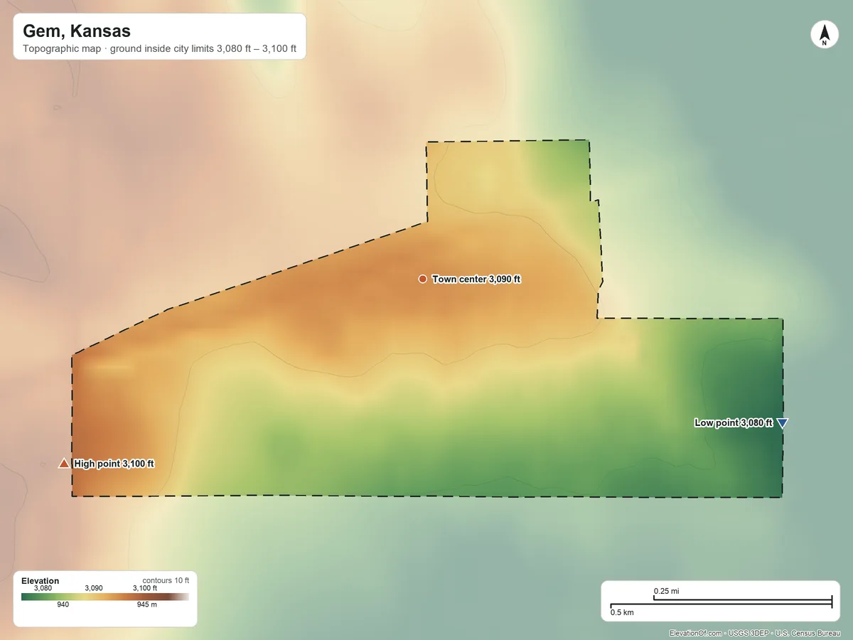 Topographic elevation map of Gem, Kansas, shaded from 3,080 ft on the east side to 3,100 ft on the southwest side