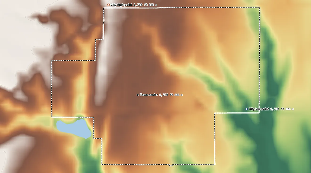 Topographic elevation map of Geneseo, Kansas, shaded from 1,730 ft on the east side to 1,760 ft on the north side