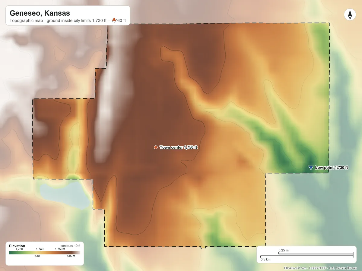Topographic elevation map of Geneseo, Kansas, shaded from 1,730 ft on the east side to 1,760 ft on the north side