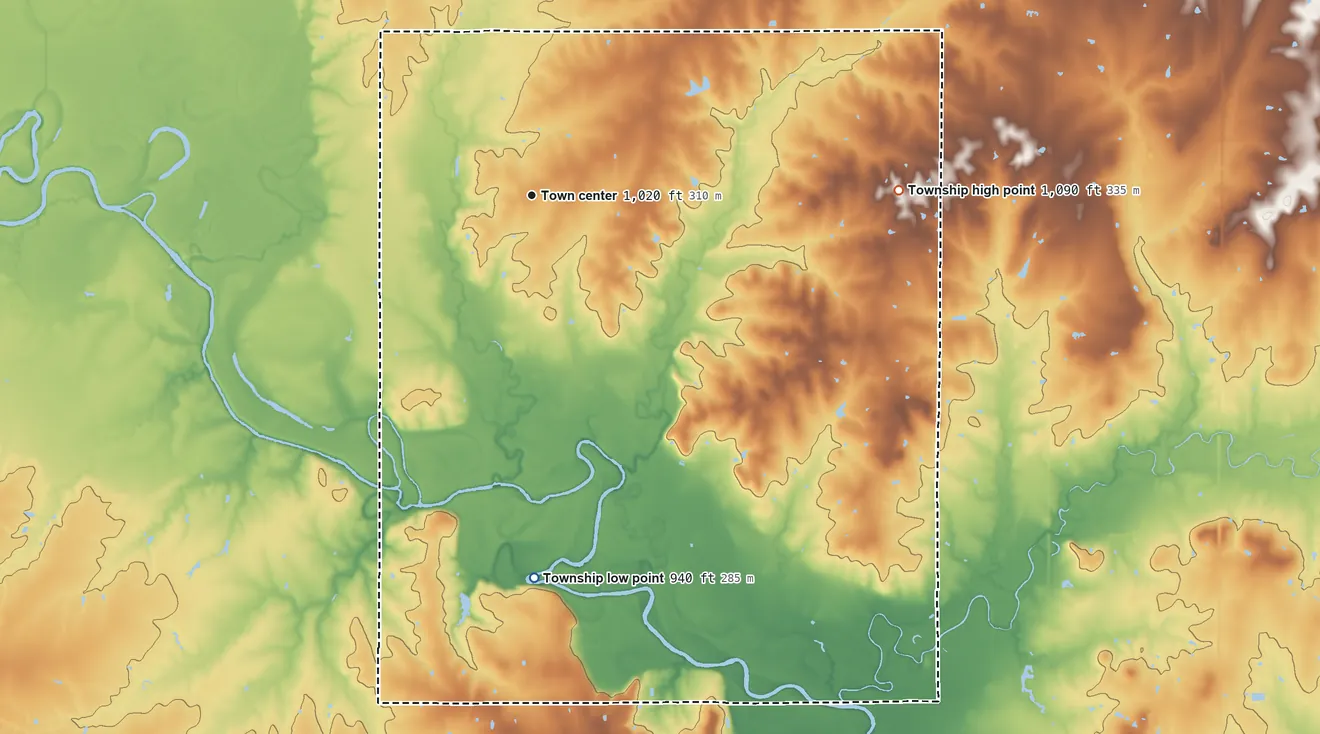 Topographic elevation map of Geneva Township, Kansas, shaded from 940 ft on the south side to 1,090 ft on the east side