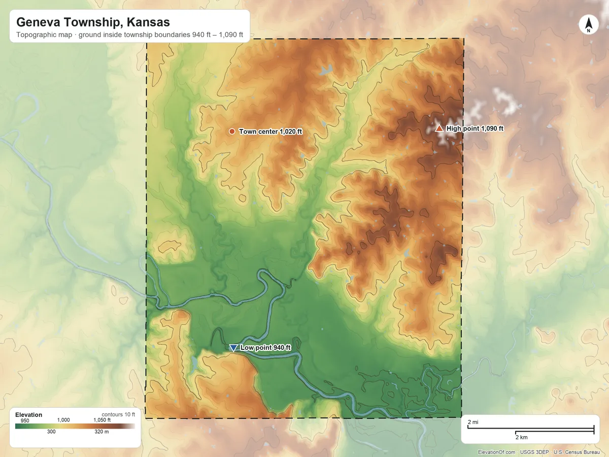Topographic elevation map of Geneva Township, Kansas, shaded from 940 ft on the south side to 1,090 ft on the east side