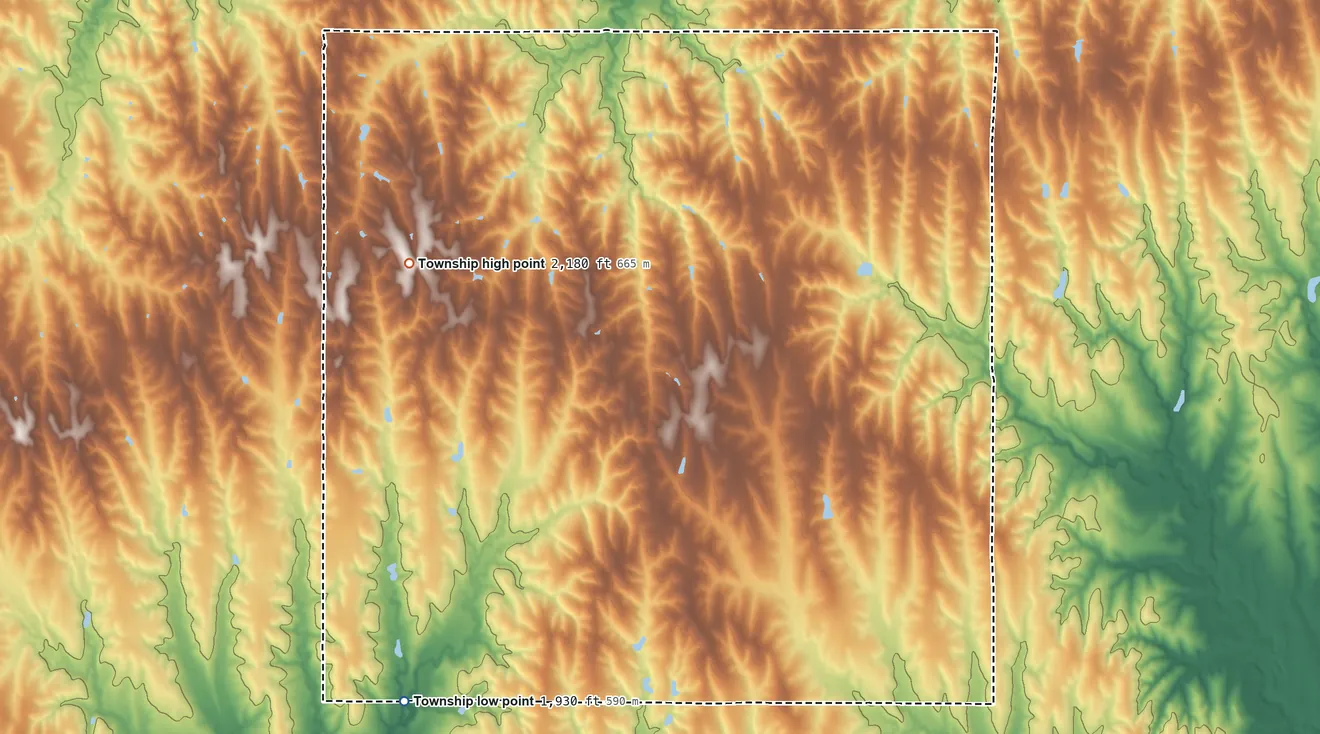 Topographic elevation map of German Township, Kansas, shaded from 1,930 ft on the southwest side to 2,180 ft on the northwest side