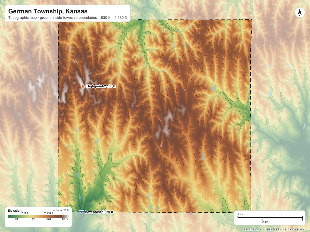 Topographic elevation map of German Township, Kansas, shaded from 1,930 ft on the southwest side to 2,180 ft on the northwest side