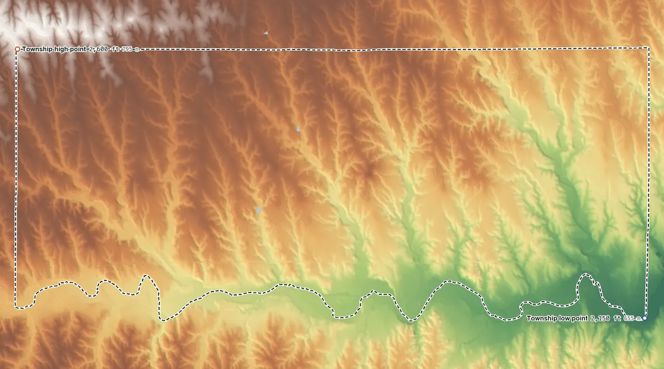 Topographic elevation map of Gettysburg Township, Kansas, shaded from 2,150 ft on the east side to 2,600 ft on the northwest side