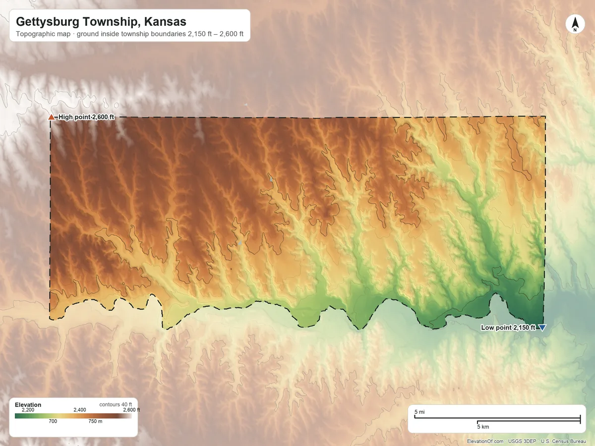 Topographic elevation map of Gettysburg Township, Kansas, shaded from 2,150 ft on the east side to 2,600 ft on the northwest side