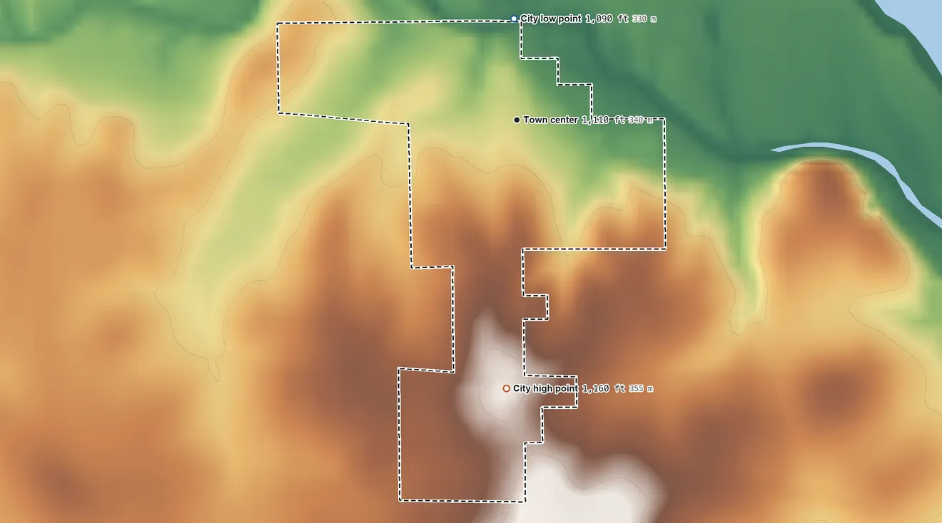 Topographic elevation map of Geuda Springs, Kansas, shaded from 1,090 ft on the north side to 1,160 ft on the south side