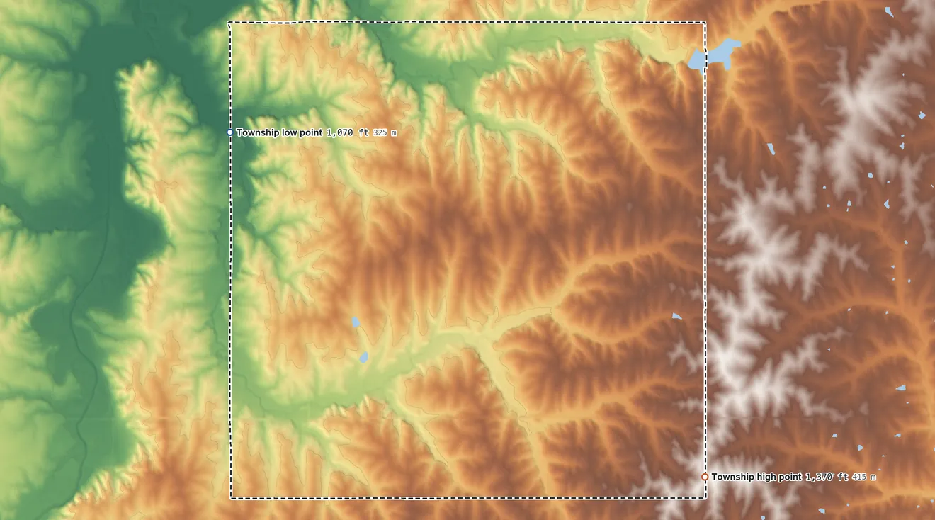 Topographic elevation map of Gilman Township, Kansas, shaded from 1,070 ft on the northwest side to 1,370 ft on the southeast side