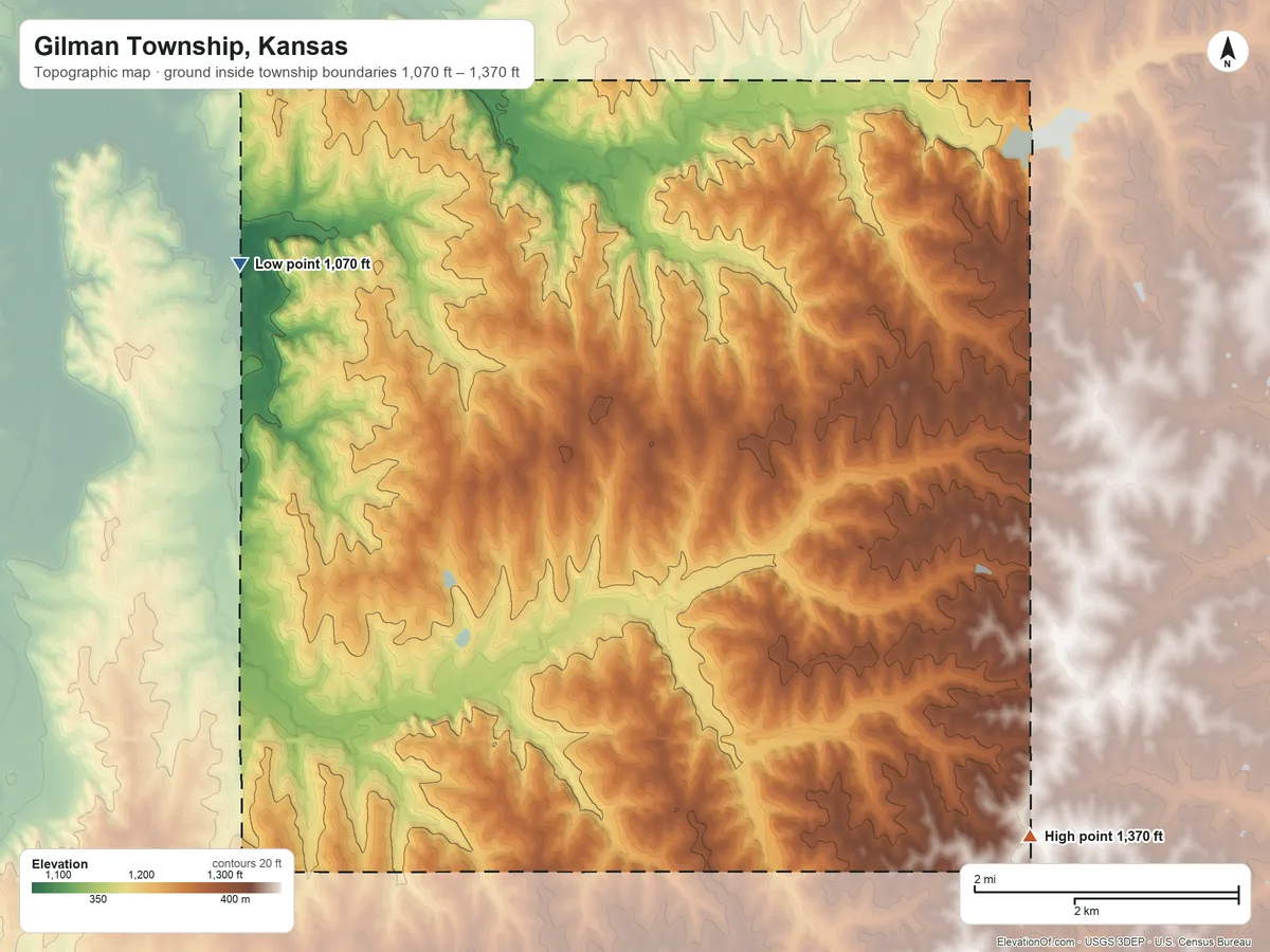 Topographic elevation map of Gilman Township, Kansas, shaded from 1,070 ft on the northwest side to 1,370 ft on the southeast side