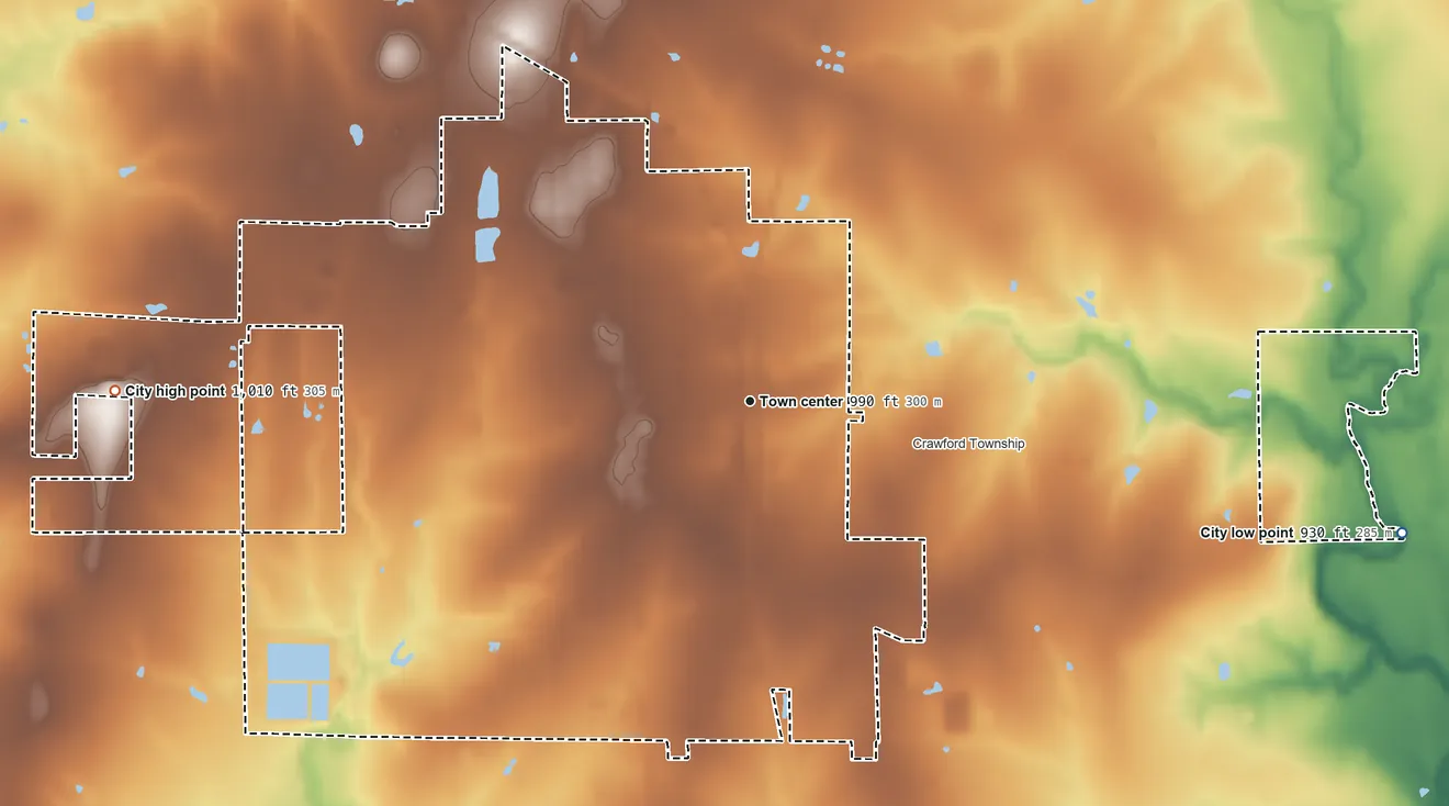 Topographic elevation map of Girard, Kansas, shaded from 930 ft on the east side to 1,010 ft on the west side