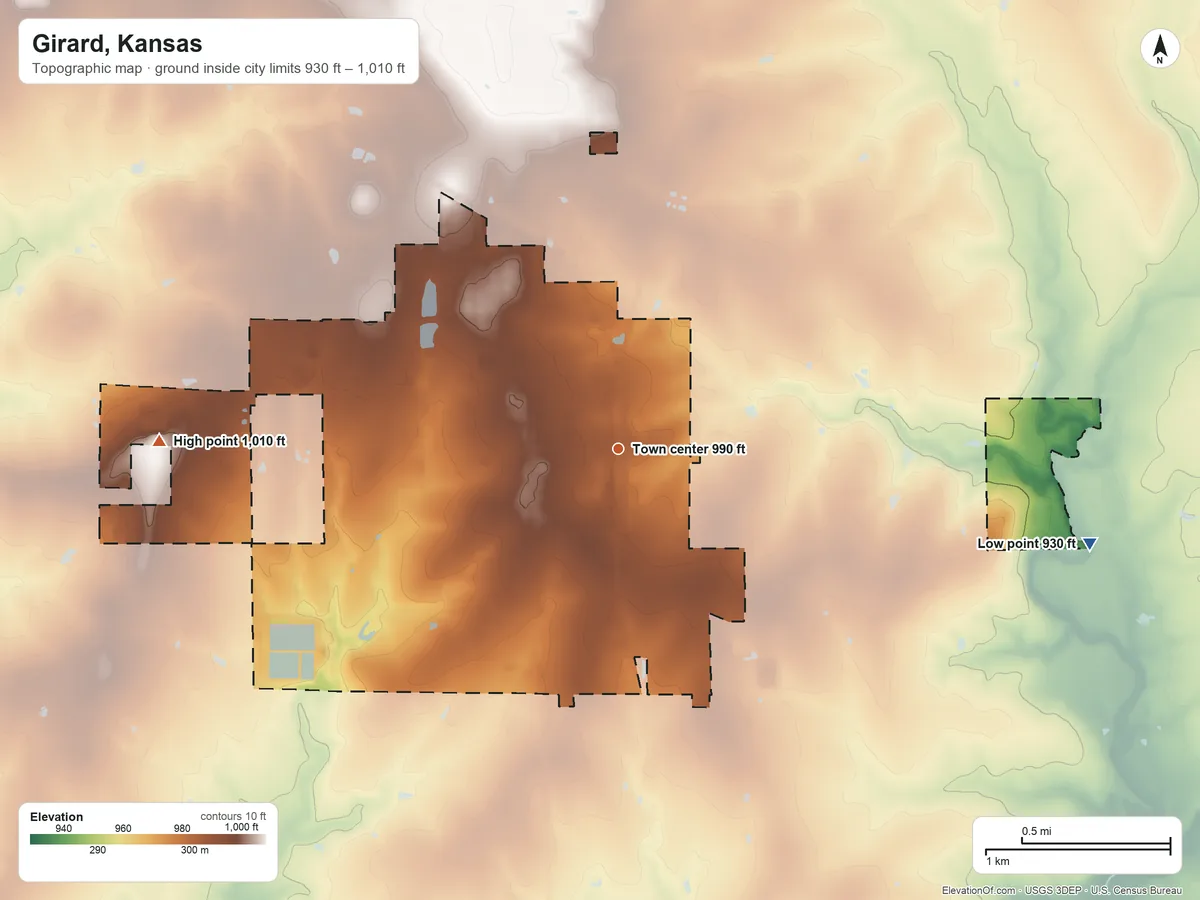 Topographic elevation map of Girard, Kansas, shaded from 930 ft on the east side to 1,010 ft on the west side