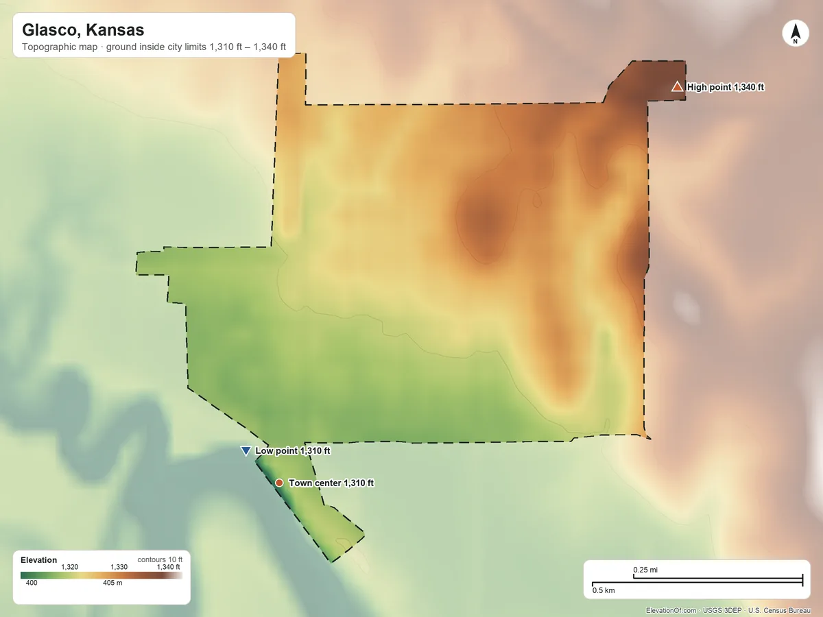 Topographic elevation map of Glasco, Kansas, shaded from 1,310 ft near the middle to 1,340 ft on the northeast side