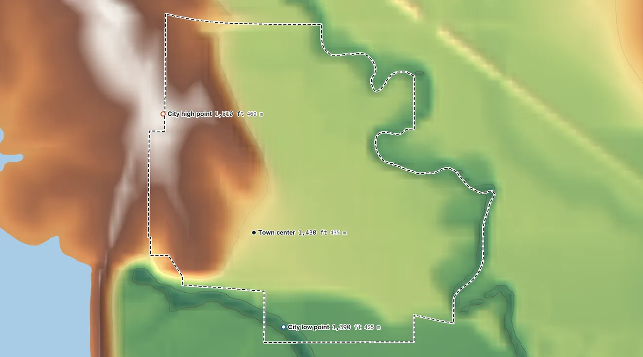 Topographic elevation map of Glen Elder, Kansas, shaded from 1,390 ft on the south side to 1,510 ft on the northwest side
