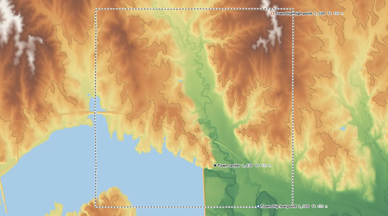 Topographic elevation map of Glen Elder Township, Kansas, shaded from 1,380 ft on the southeast side to 1,600 ft on the north side