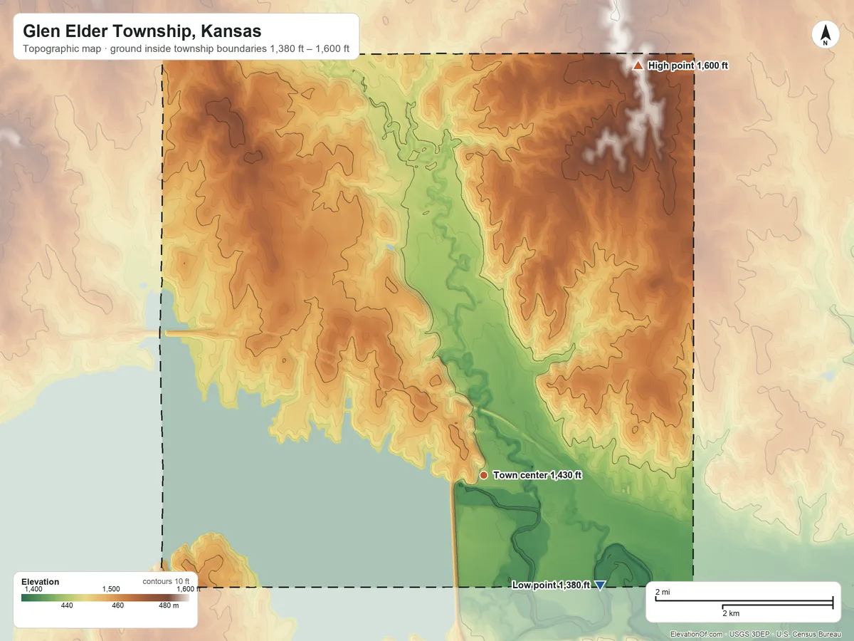 Topographic elevation map of Glen Elder Township, Kansas, shaded from 1,380 ft on the southeast side to 1,600 ft on the north side