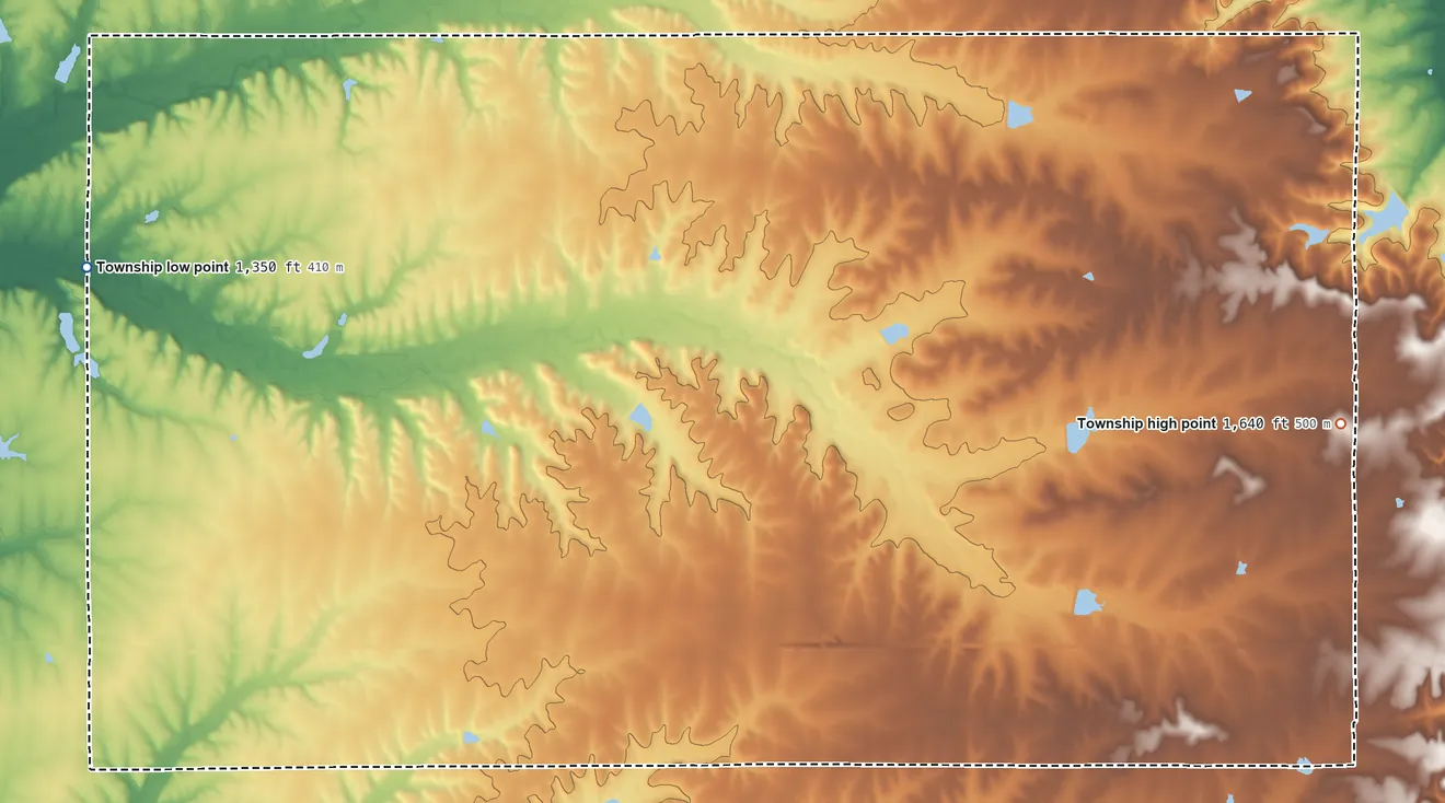 Topographic elevation map of Glencoe Township, Kansas, shaded from 1,350 ft on the west side to 1,640 ft on the east side