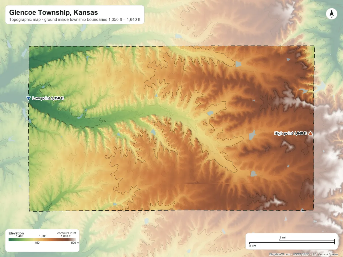 Topographic elevation map of Glencoe Township, Kansas, shaded from 1,350 ft on the west side to 1,640 ft on the east side