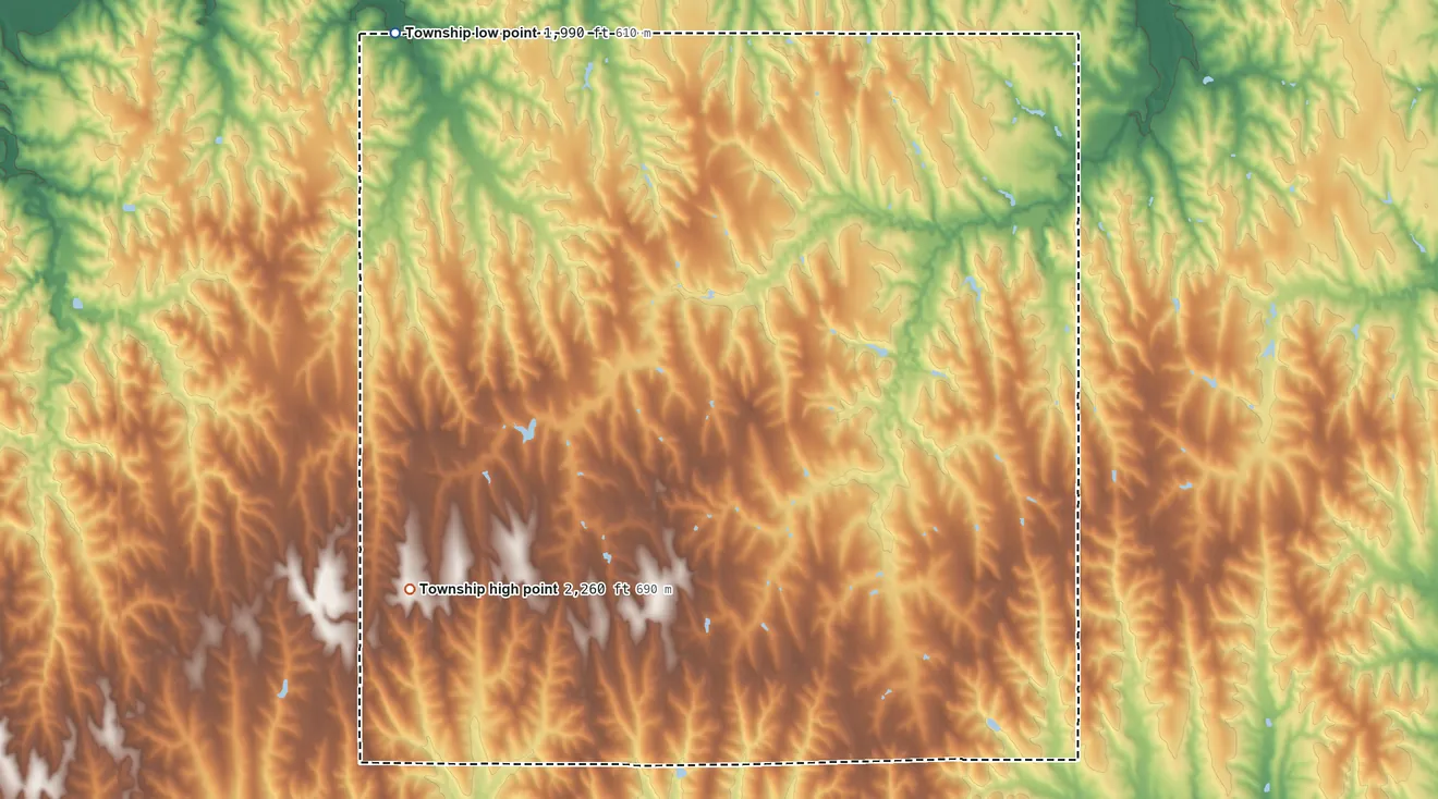 Topographic elevation map of Glenwood Township, Kansas, shaded from 1,990 ft on the northwest side to 2,260 ft on the west side
