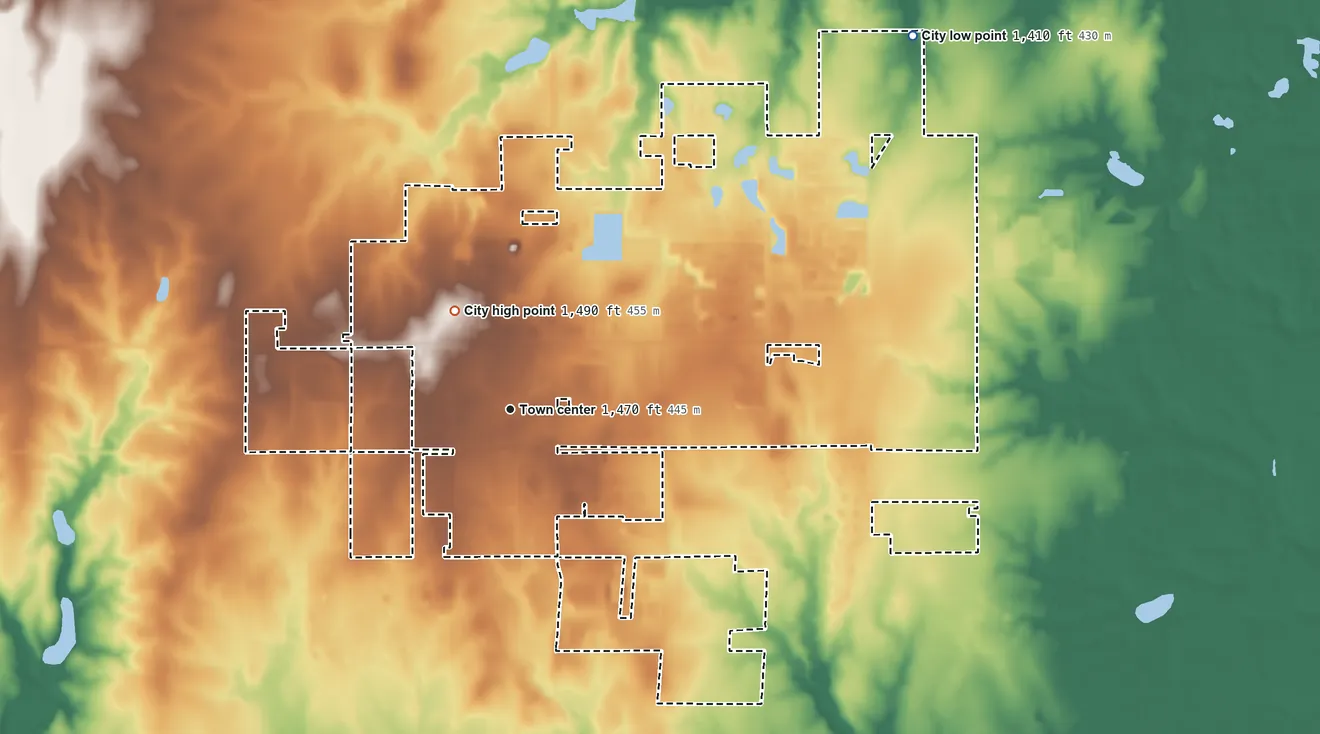 Topographic elevation map of Goddard, Kansas, shaded from 1,410 ft on the northeast side to 1,490 ft on the northwest side