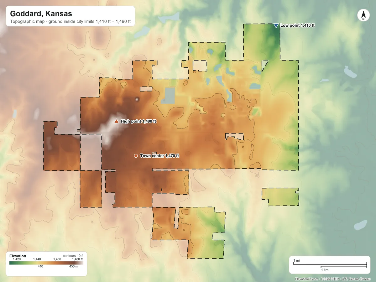 Topographic elevation map of Goddard, Kansas, shaded from 1,410 ft on the northeast side to 1,490 ft on the northwest side