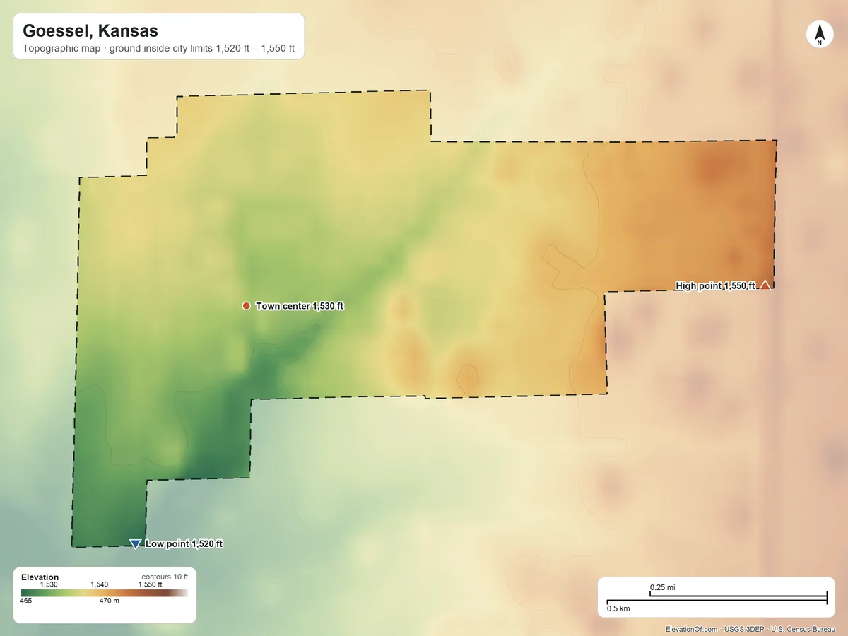 Topographic elevation map of Goessel, Kansas, shaded from 1,520 ft on the southwest side to 1,550 ft on the east side